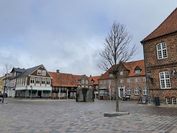 Houses by street in town against sky