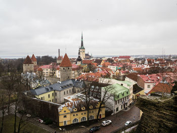 High angle shot of cityscape against sky