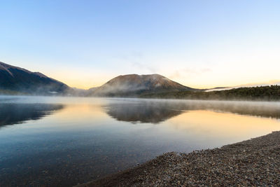 Scenic view of lake against sky during sunset