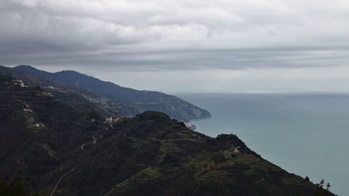 Scenic view of sea and mountains against sky