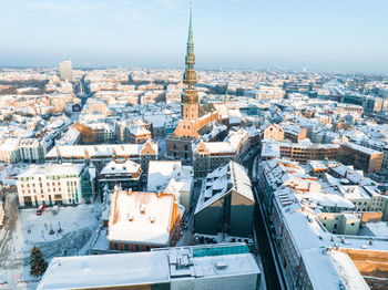 Aerial view of the winter riga old town