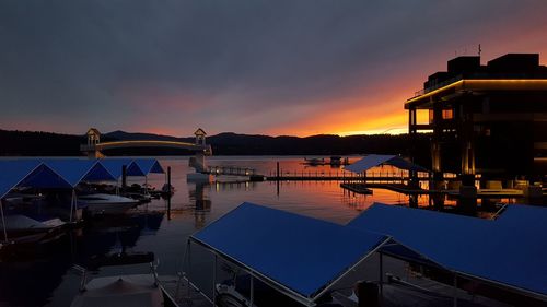 View of harbor at sunset