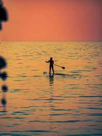 Silhouette woman standing on paddleboard during sunset