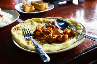 High angle view of breakfast served on table