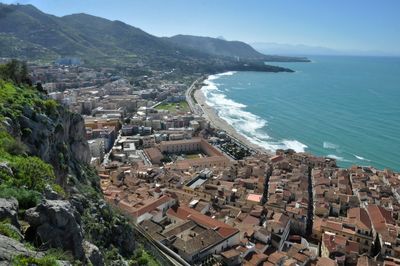 View of cityscape with sea in background