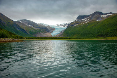 Scenic view of lake and mountains against sky