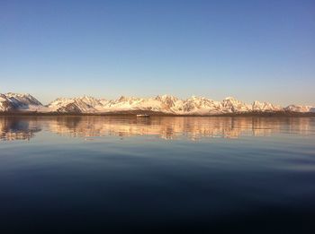 Scenic view of lake against clear blue sky