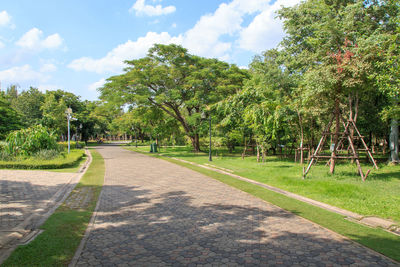 Footpath amidst trees in park against sky