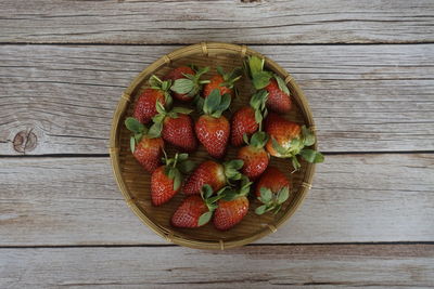 Directly above shot of strawberries on wooden table