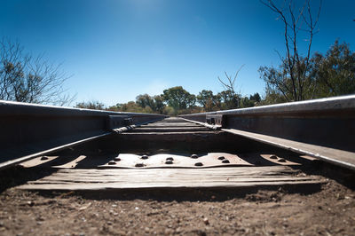 Railroad track amidst trees against clear blue sky