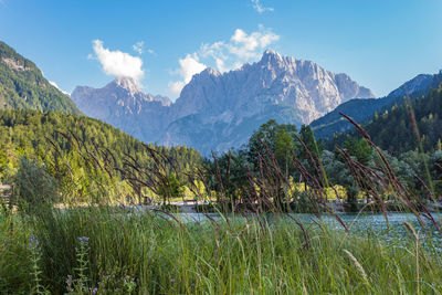 Scenic view of mountains and lake against sky