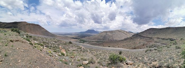 Panoramic view of arid landscape against sky