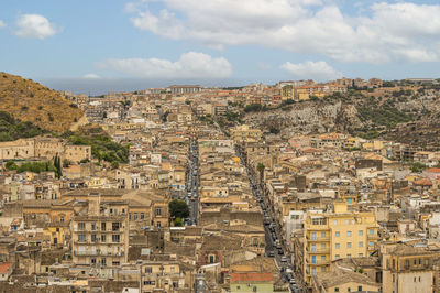 Aerial landscape of scicli with beautiful historic buildings in the baroque style