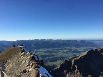 Panoramic view of mountains against clear blue sky