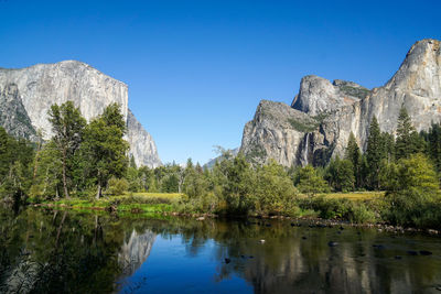 Scenic view of lake and mountains against clear blue sky