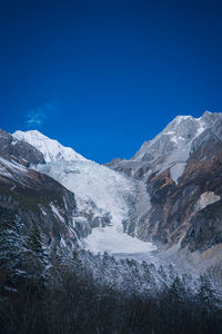 Scenic view of snowcapped mountains against clear blue sky