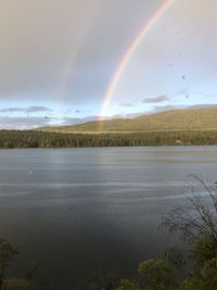 Scenic view of rainbow over lake against sky