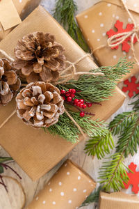 High angle view of christmas decoration on table