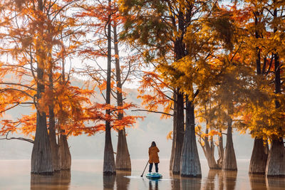 Rear view of woman standing by lake