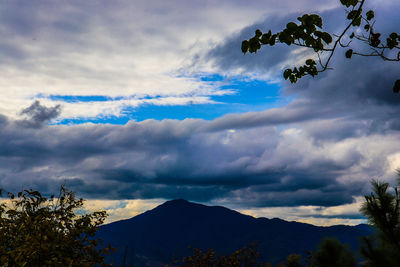 Low angle view of silhouette mountains against sky