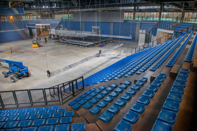 High angle view of boats moored at harbor