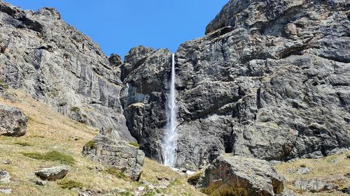 Low angle view of waterfall against sky