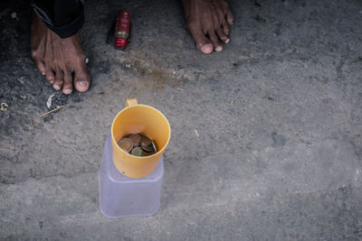 High angle view of man working in container