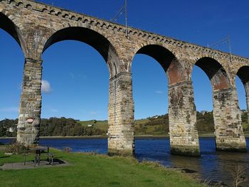 Arch bridge over river against blue sky