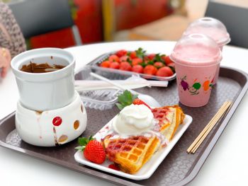 High angle view of breakfast on table