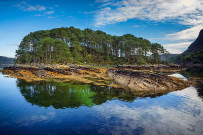 Reflection of trees in lake against sky