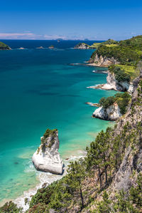 High angle view of bay against sky