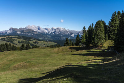 Scenic view of mountains against clear blue sky