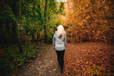 Rear view of woman walking in forest during autumn