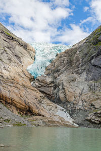 Melting briksdal glacier in norway, close up.  norway nature and travel background.