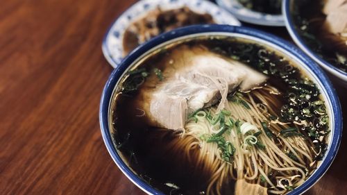 High angle view of soup in bowl on table