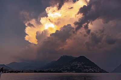 Scenic view of lake against cloudy sky during sunset