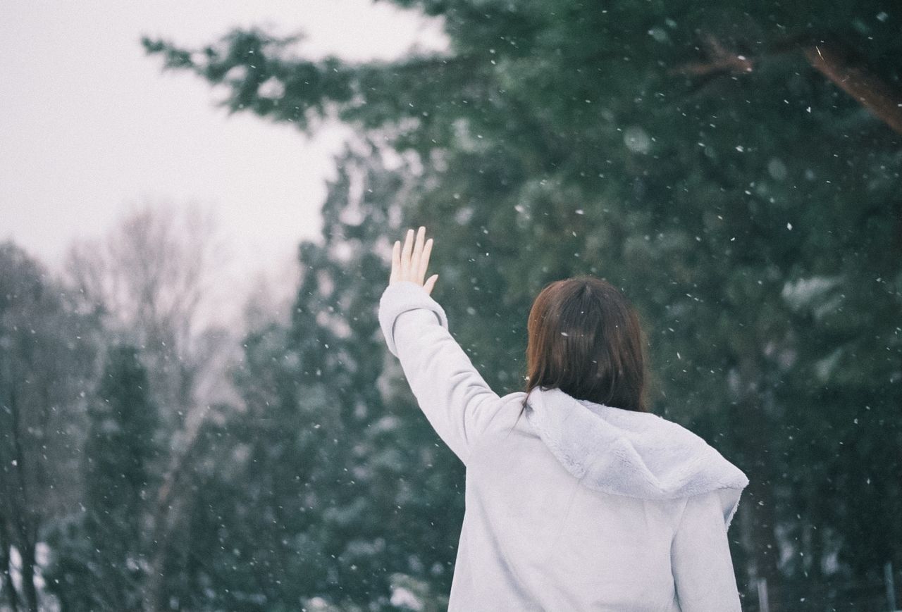 REAR VIEW OF WOMAN STANDING ON SNOW COVERED TREE