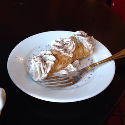 High angle view of cake in plate on table