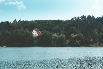 Scenic view of lake by building against sky