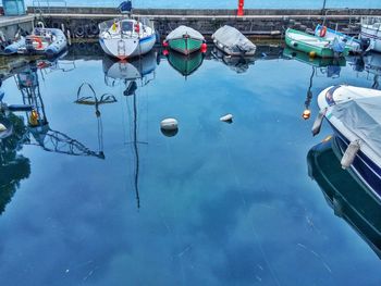 High angle view of boats moored in lake