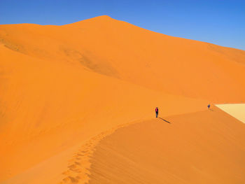 Rear view of woman at desert against clear sky