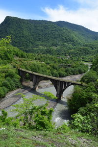 Scenic view of waterfall against sky