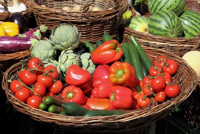 Close-up of vegetables in basket for sale at market stall