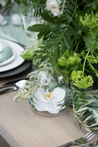 High angle view of flowers in plate on table