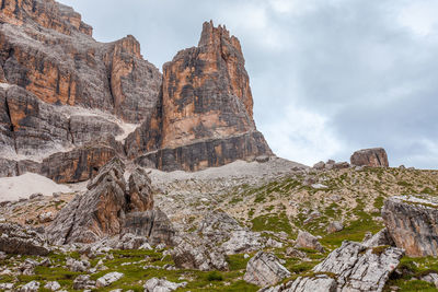 Low angle view of rock formations against sky