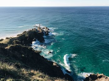 High angle view of sea against clear sky