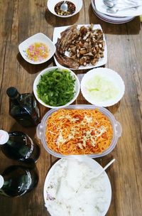 High angle view of meal served on table