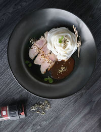 High angle view of food in plate on table