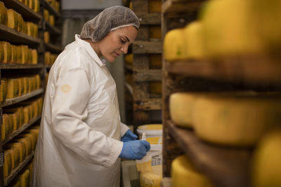 Cheese factory worker controlling maturation of cheese