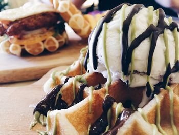 Close-up of ice cream on waffle